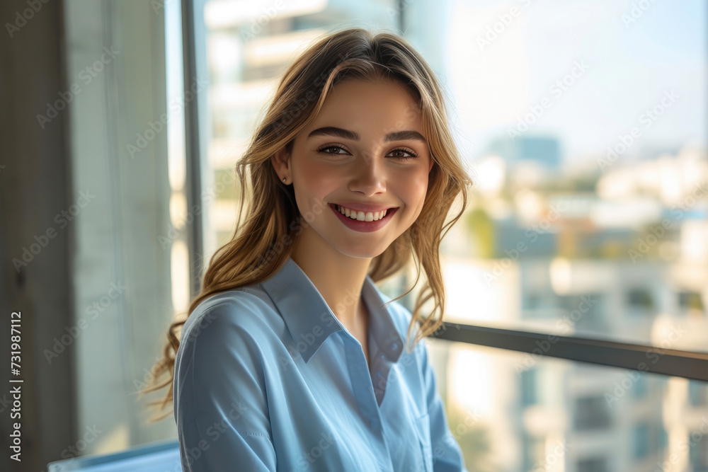 Radiant Workspace: Woman in Blue Shirt Embraces the Day Radiant Workspace: Woman in Blue Shirt Embraces the Day