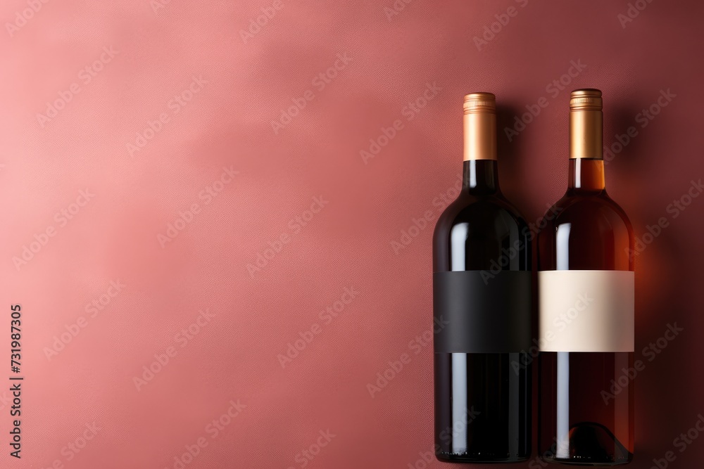 Bottles of red and rose wine template on pink background with copy space, Valentine's day, Mother's day, Women's Day and love concept
