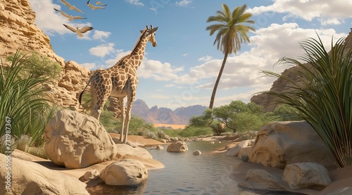Giraffe Overlooking Waterfall in Jungle Serenity