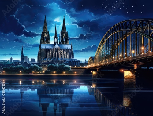 Night scene of Cologne Cathedral and Hohenzollern bridge, Germany