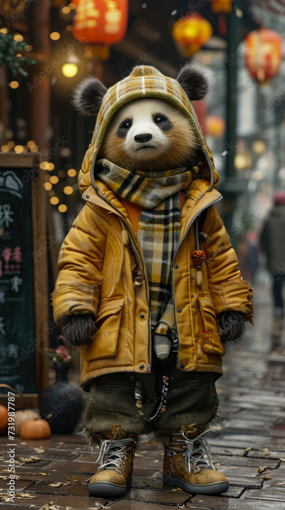 Fashionable panda roams city streets in tailored elegance, epitomizing street style. The realistic urban backdrop frames this black-and-white icon, seamlessly merging bamboo-loving charm with contempo