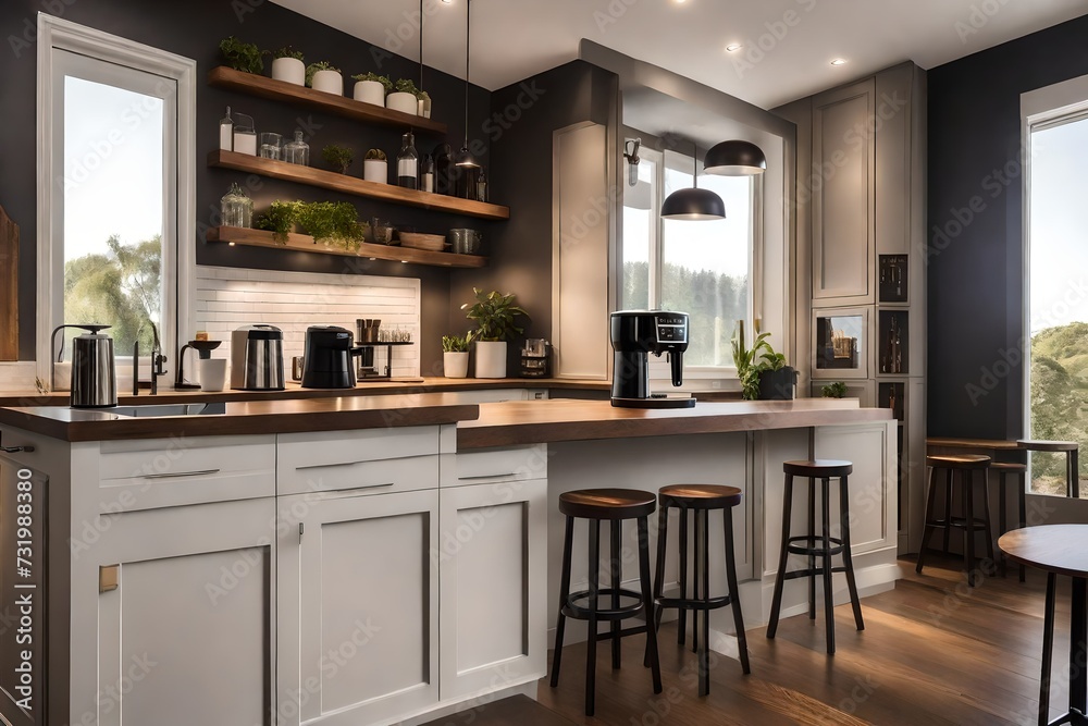 Fototapeta premium A modern coffee maker machine and a sleek mug tray resting on a polished wooden counter bar adjacent to a window with inviting stools. 