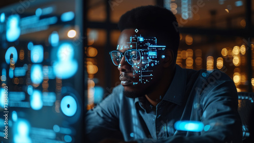 A handsome short black american project manager working on a computer in the office Augmented Reality social media icons appear on employees' laptops,generative ai photo