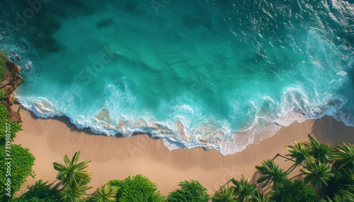 Aerial drone view of tropical beach with palm trees and clear turquoise ocean,generative ai © Suralai