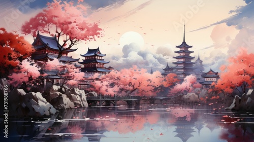 AI generated illustration of a watercolor of an Oriental landscape with a lake and mountain