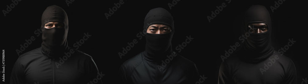 Man wearing balaclava set - diversity collection - Black man wearing a balaclava - White man wearing a balaclava - Asian man wearing a balaclava - black background - black balaclava Man wearing balaclava set - diversity collection - Black man wearing a balaclava - White man wearing a balaclava - Asian man wearing a balaclava - black background - black balaclava