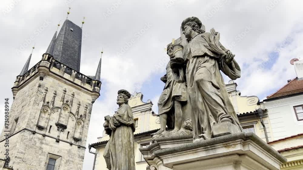 Sculptures adorn city building's facade against the sky. Sculptures adorn city building's facade against the sky.