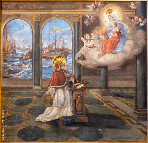 BARI, ITALY - MARCH 3, 2022: The fresco of Nicholas of Bari with the Madonna in the church Chiesa San Ferdinando by Nicola Colonna (1862 -1948).