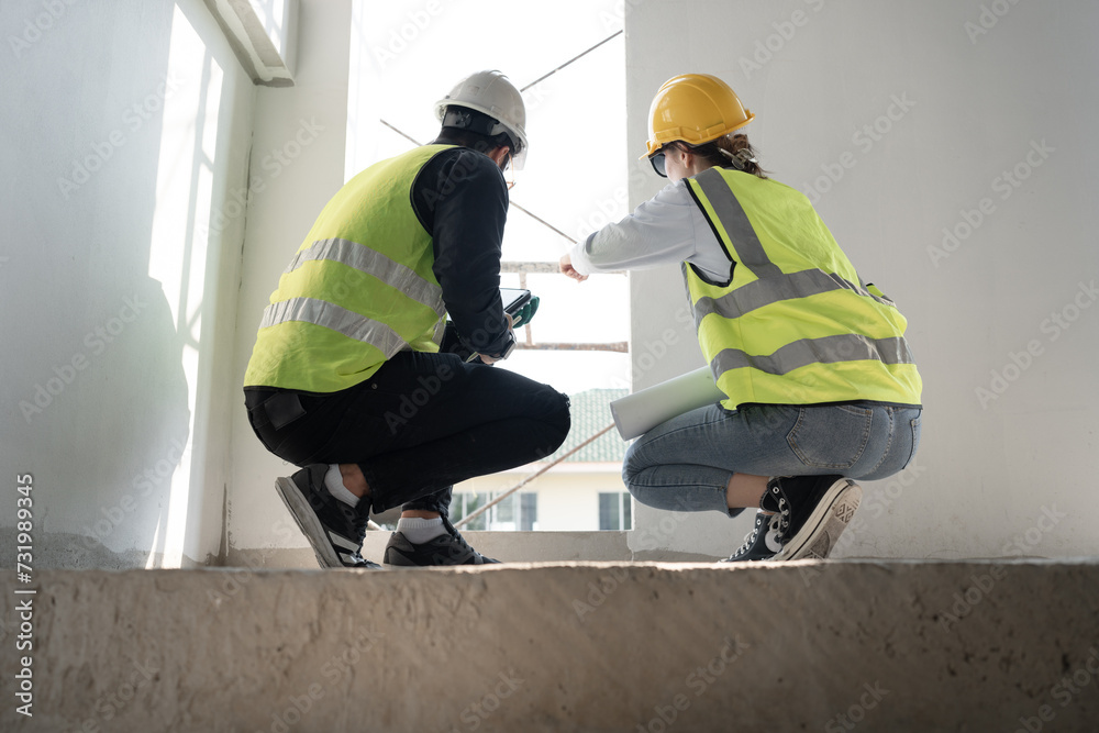 Caucasian engineer man and woman working with tablet computer and paper work in building at construction site Caucasian engineer man and woman working with tablet computer and paper work in building at construction site