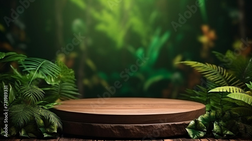 Wooden podium in tropical forest for product presentation on green background