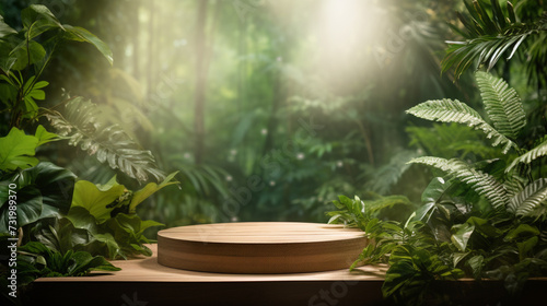Wooden podium in tropical forest for product presentation on green background