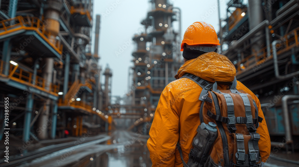 back of the head mid shot of male steel working wearing orange hat standing in the middle of a modern and clean steel plant,generative ai back of the head mid shot of male steel working wearing orange hat standing in the middle of a modern and clean steel plant,generative ai
