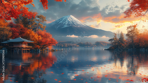 Autumn in Japanese garden fuji moutain background,generative ai photo