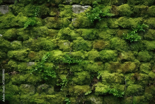 Beautiful Bright Green moss grown up cover the rough stones and on the floor in the forest. photo