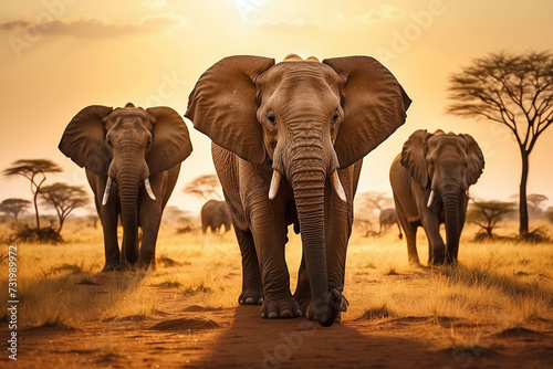 Serene Scene of Elephants Grazing Peacefully in the Savannah, Wildlife Observation, Harmony in Nature - Generative AI