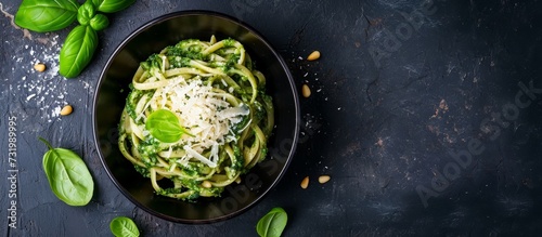 A delicious dish made with spinach and cheese, consisting of noodles, a leafy vegetable, that is placed on a table