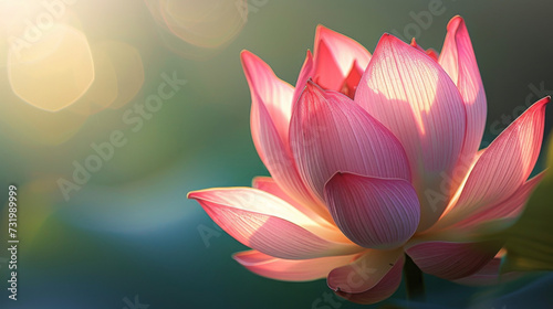 The ethereal beauty of a backlit lotus flower with its pink petals glowing in the sunlight.