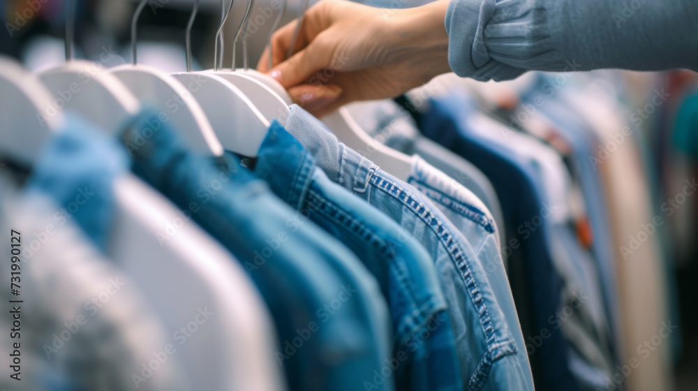 person's hand is selecting a pair of jeans from a rack of various denim clothes in a retail clothing store.
