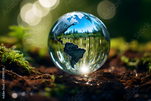 A drop of water in the form of planet Earth. Concept of water shortage, ocean pollution and global environmental problems photo