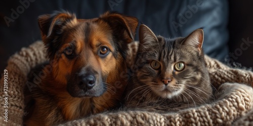 Using Technology To Bring A Heartwarming Bond Between A Dog And A Cat To Life. Concept Virtual Pet Interaction, Augmented Reality Pets, Digital Animal Companions, Tech-Assisted Animal Bonding