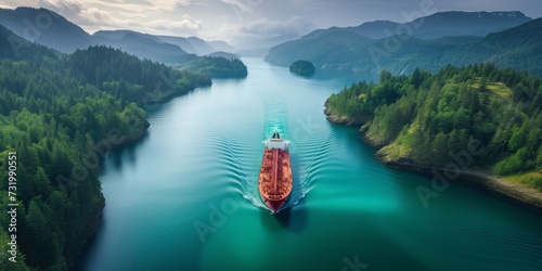 Aerial Shot Of A Huge Red Oil Tanker Navigating A Washington State Strait. Concept Aerial Photography, Red Oil Tanker, Washington State, Navigating Strait photo