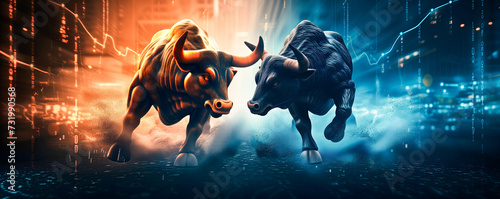 Two Bulls Rally And Candlestick Chart Graphs Background Trading Or Investing Illustration Banner, Bullish Market Concept, Two Bulls Run photo