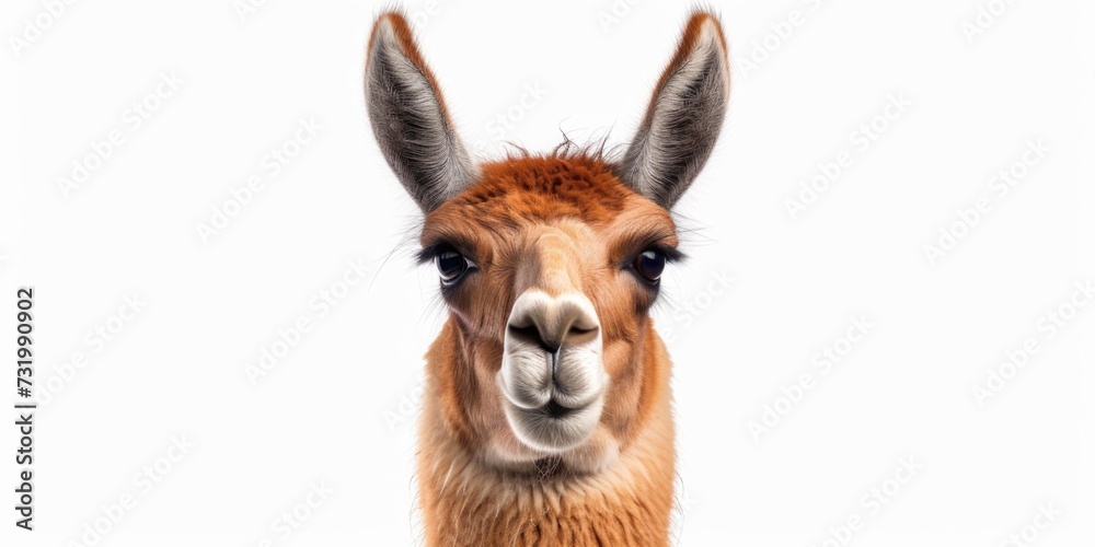Close Up Of Isolated Llama Facing The Camera On A White Background. Concept Close Up Portraits, Animal Photography, Isolated Subjects
