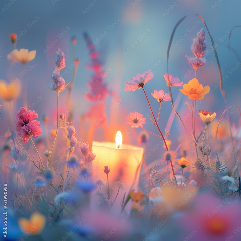 Vivid Wildflowers Surrounded By A Hazy Background, Enhanced By Candlelight. Concept Sunset Silhouettes, Urban Architecture, Abstract Reflections, Rustic Landscapes