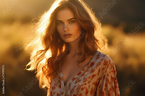 Effortless beauty radiates as a model poses in casual attire, bathed in the warm hues of a golden hour sun.