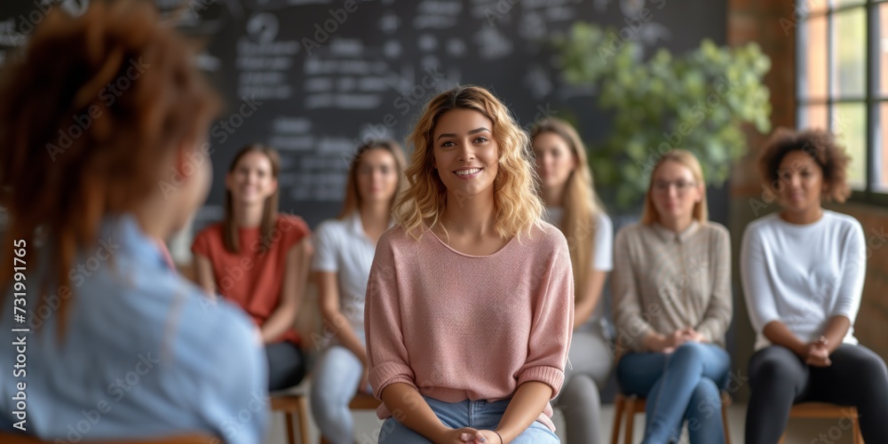 Therapist Fostering Empathy Leading A Supportive Group Session Prioritizing Mental Health. Concept Mindful Meditation, Coping Strategies, Cultivating Resilience, Emotional Well-Being