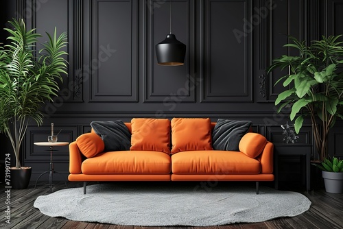 Black mock up wall with orange sofa in modern interior background, living room, Scandinavian style, 3D render © Azar