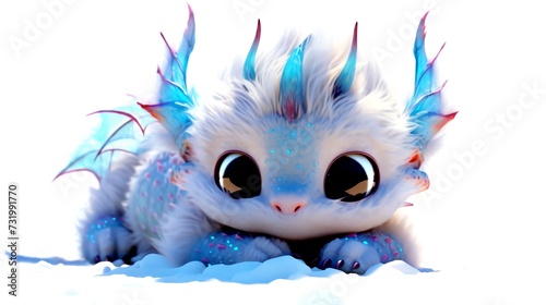 Kid Chinese Dragon. Nursery Wallpaper. Cute 3D images of little dragons. Panoramic background with Asian Chinese little cute dragon, in high resolution. AI generated.
