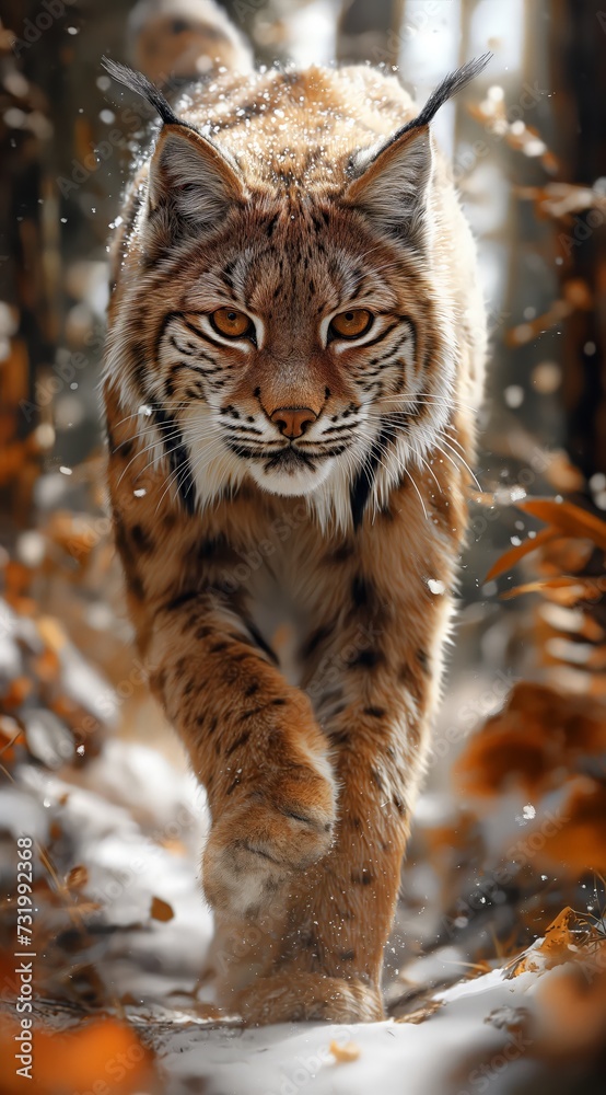 Fototapeta premium a lynx walks in the forest and looks into the camera created by AI