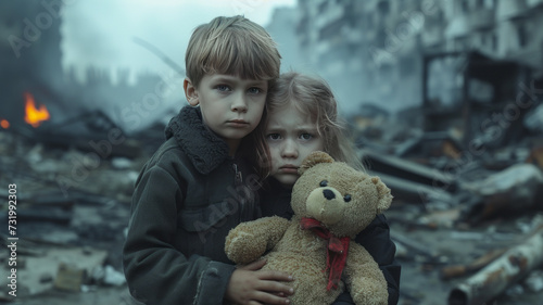 Desperate Poor Afraid Child boy and girl crying Standing holding Old teddy bear in The Middle of War Zone Deserted Demolished City Buildings Burning in the Background,generative ai