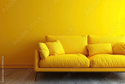 Bright yellow couch near color wall. © Azar