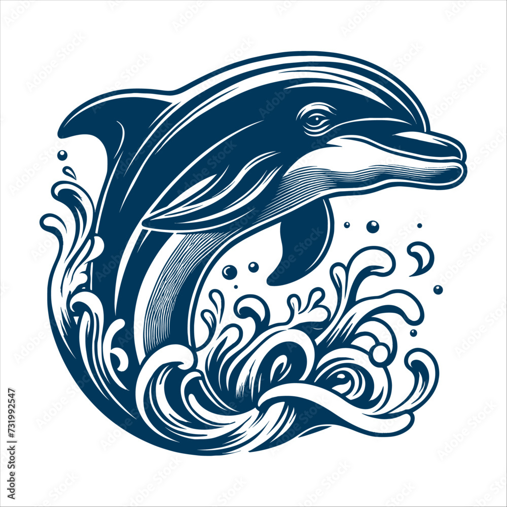 Fototapeta premium Dolphin jumping on the wave. generative ai, Monochrome dolphin isolated on white background. Logo template.