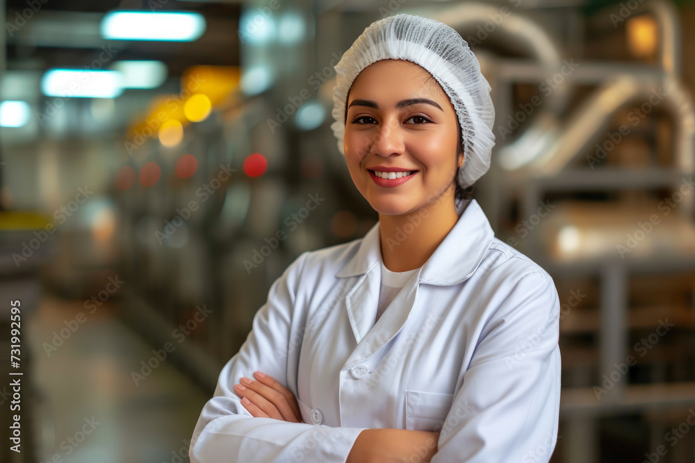 Authority and Warmth: Woman in Lab Coat at Factory Authority and Warmth: Woman in Lab Coat at Factory