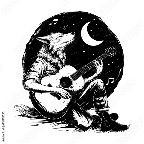 Silhouette of the wolf with guitar at the moon at night, generative ai, vector illustration.
