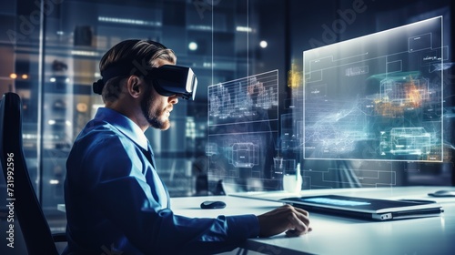 Businessmen using VR glasses and laptops on work desks to view financial documents, graphs, and tables online, financiers inside the office at the workplace, future, gadgets, neon sty.