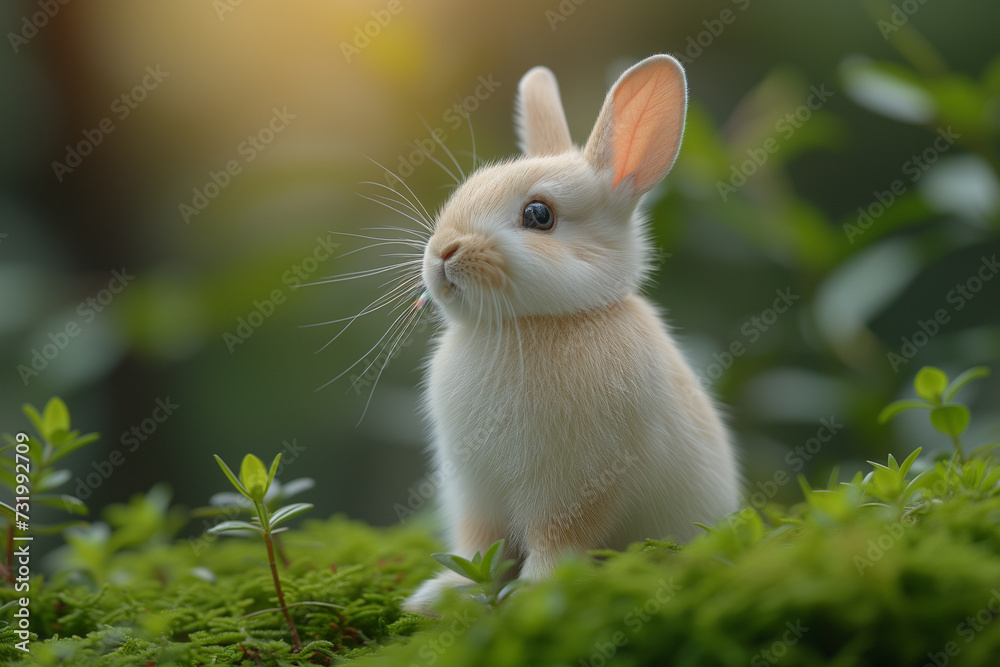 A cute rabbit sitting in a field surrounded by lush green grass and vibrant flowers A cute rabbit sitting in a field surrounded by lush green grass and vibrant flowers