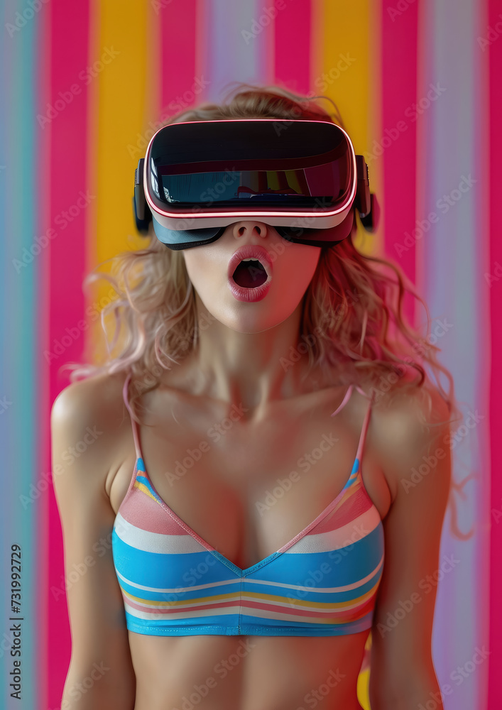 beautiful surprised woman in virtual reality glasses on a blurred color background, technology, device, digital, portrait, girl, future, science, open mouth, shock
