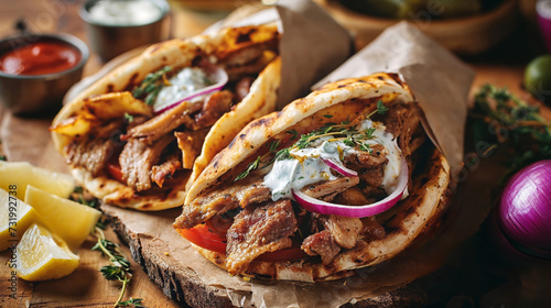 Gyro pita, shawarma, Traditional greek turkish, meat food closeup photo