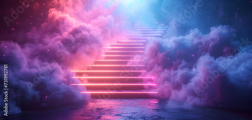 background of stairs covered in smoke and futuristic neon lights