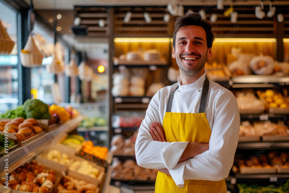 Grocery Haven: Smiling Owner in the Aisles