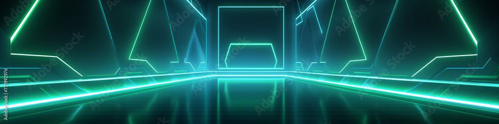 Rectangular neon green modern banner background on the theme of technology, computer games, augmented reality, artificial intelligence