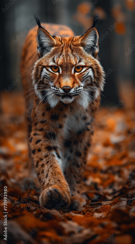 a lynx walks in the forest and looks into the camera created by AI a lynx walks in the forest and looks into the camera created by AI