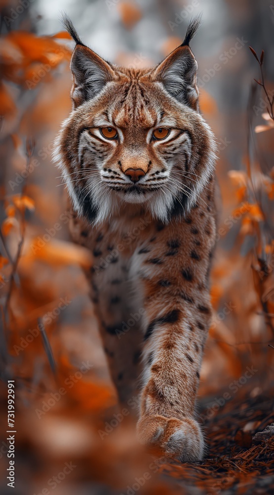 Obraz premium a lynx walks in the forest and looks into the camera created by AI