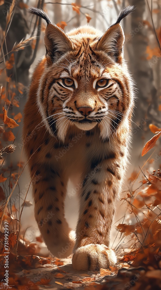 Obraz premium a lynx walks in the forest and looks into the camera created by AI