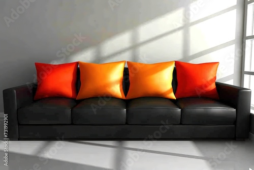 Comfortable couch with orange and red pillow in spacious living room interior, real photo with copy space on the empty white wall.