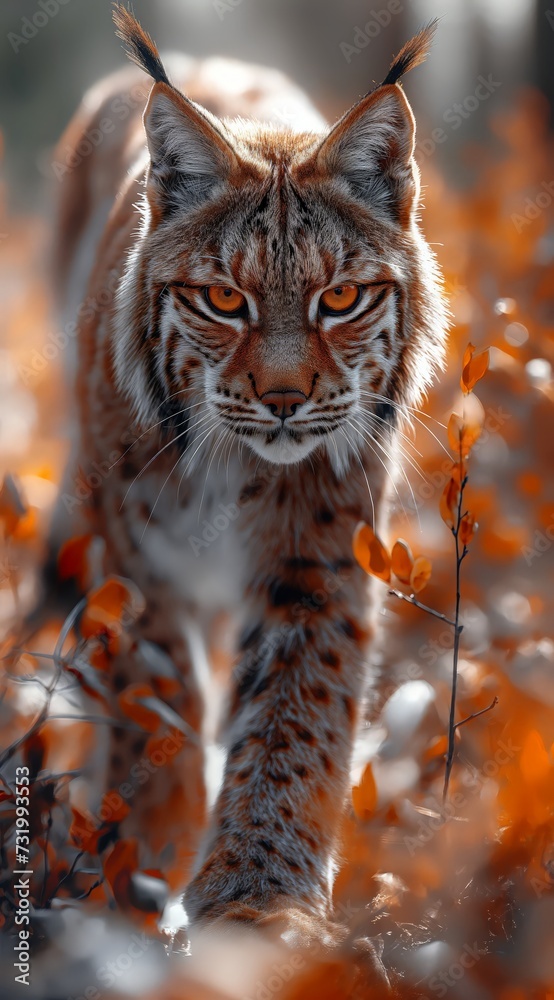 Fototapeta premium a lynx walks in the forest and looks into the camera created by AI